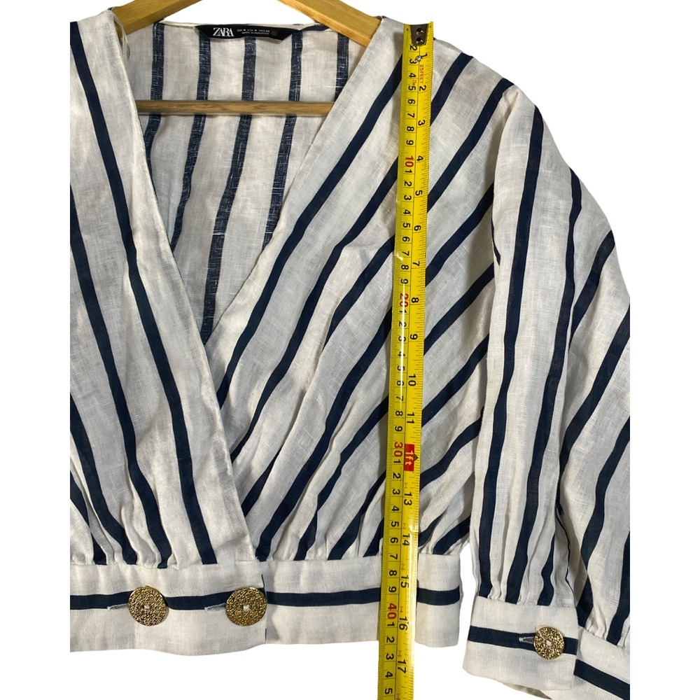 Zara Womens Navy Blue White Striped Linen Wrap Crop Top Gold Button Size Medium - Picture 6 of 10